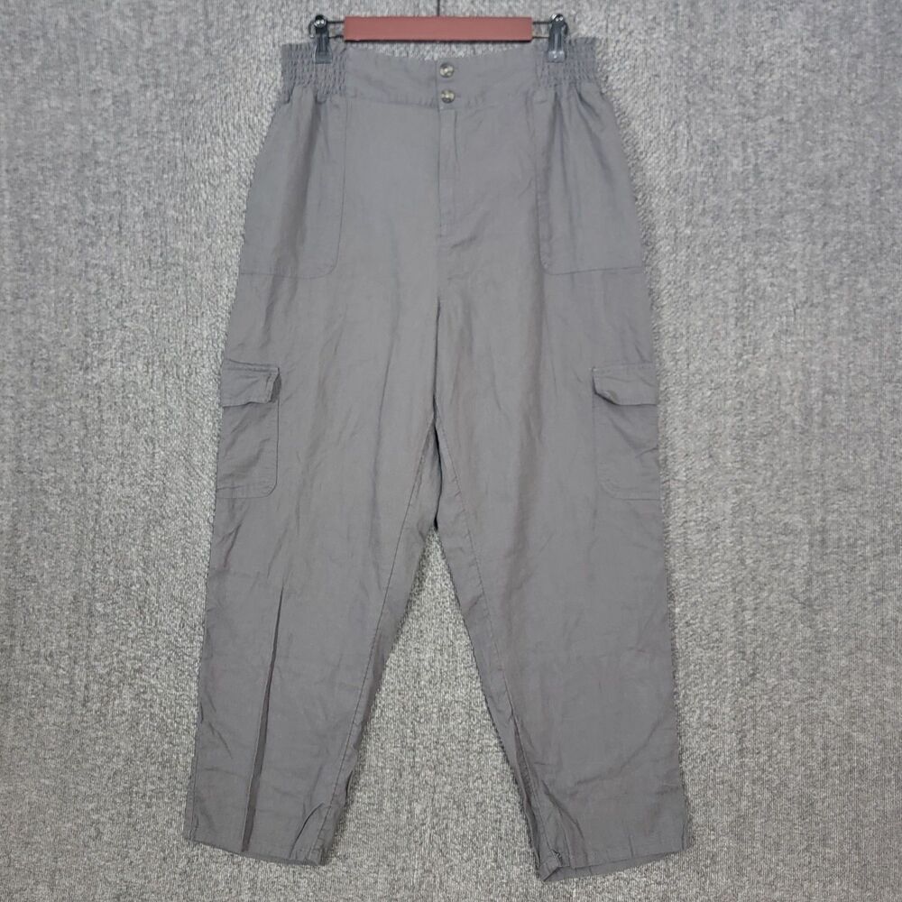 Nicole Miller Cargo Pants Womens XL Gray Linen Blend Elastic Waist High Rise